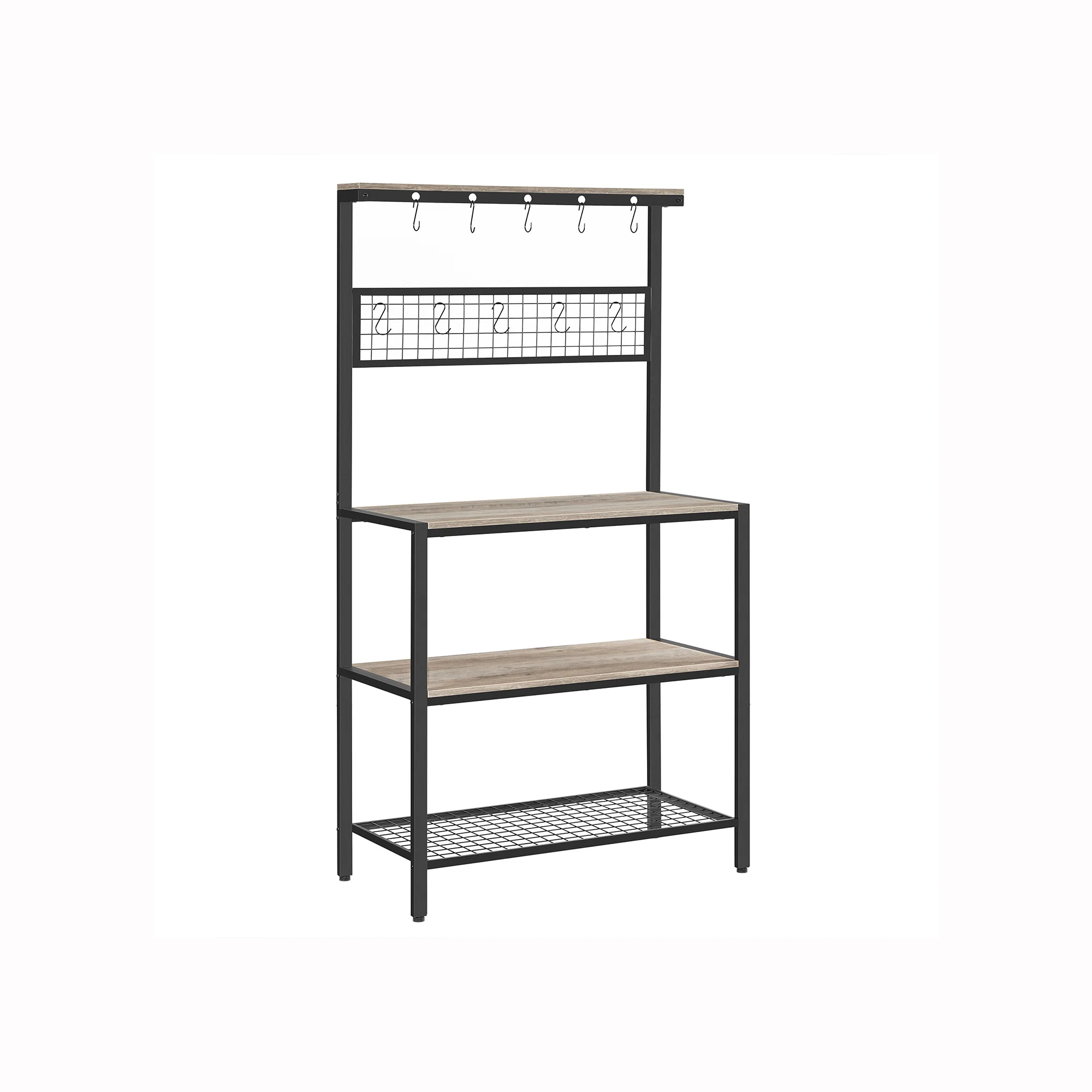 Sustainable VASAGLE VASAGLE Bakers Rack Coffee Bar Kitchen Storage Shelf Rack with 10 Hooks 3 Shelves Adjustable Feet for Microwave Oven 15.7 x 33.1 x 66.9 Inches Industrial Greige and Black Advanced