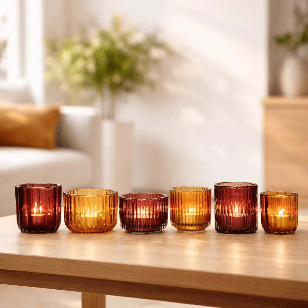 Expertly Made Amber Glass Candle Holders on Wooden Tray – 6 Piece Set Selected