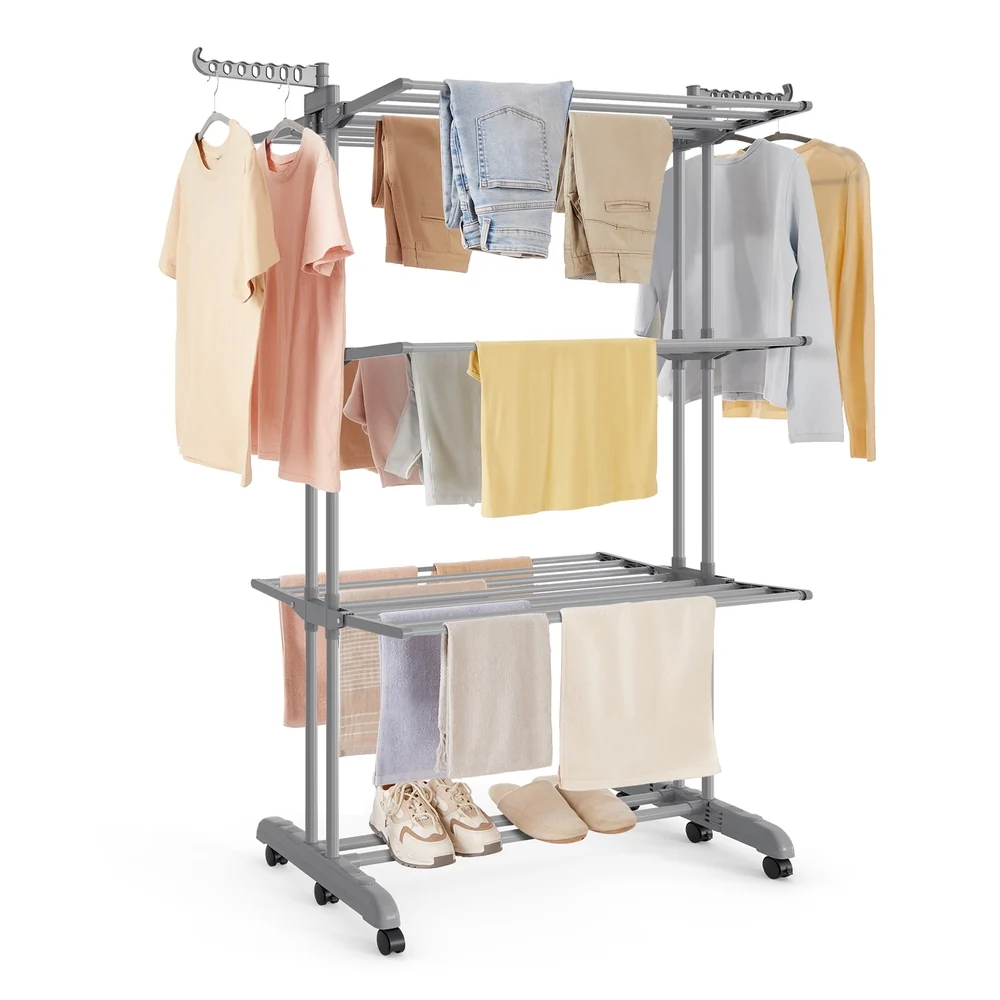 Fine SONGMICS SONGMICS Clothes Drying Rack 4-Tier Foldable Laundry Drying Rack 173 cm Tall Stainless Steel Rolling Clothes Horses Solid