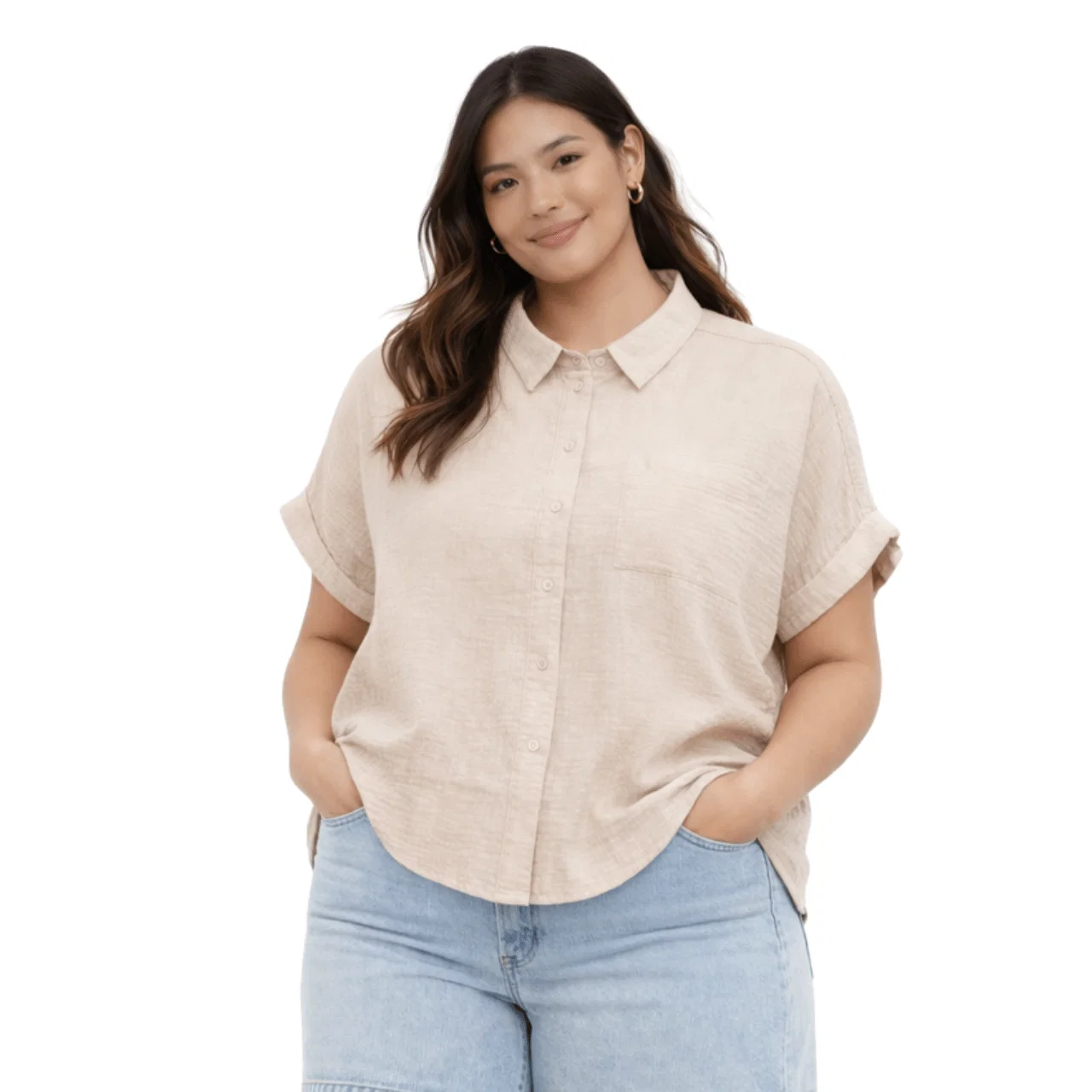 Next-Generation Plus Size Short Sleeve Button-Up Blouse Fast