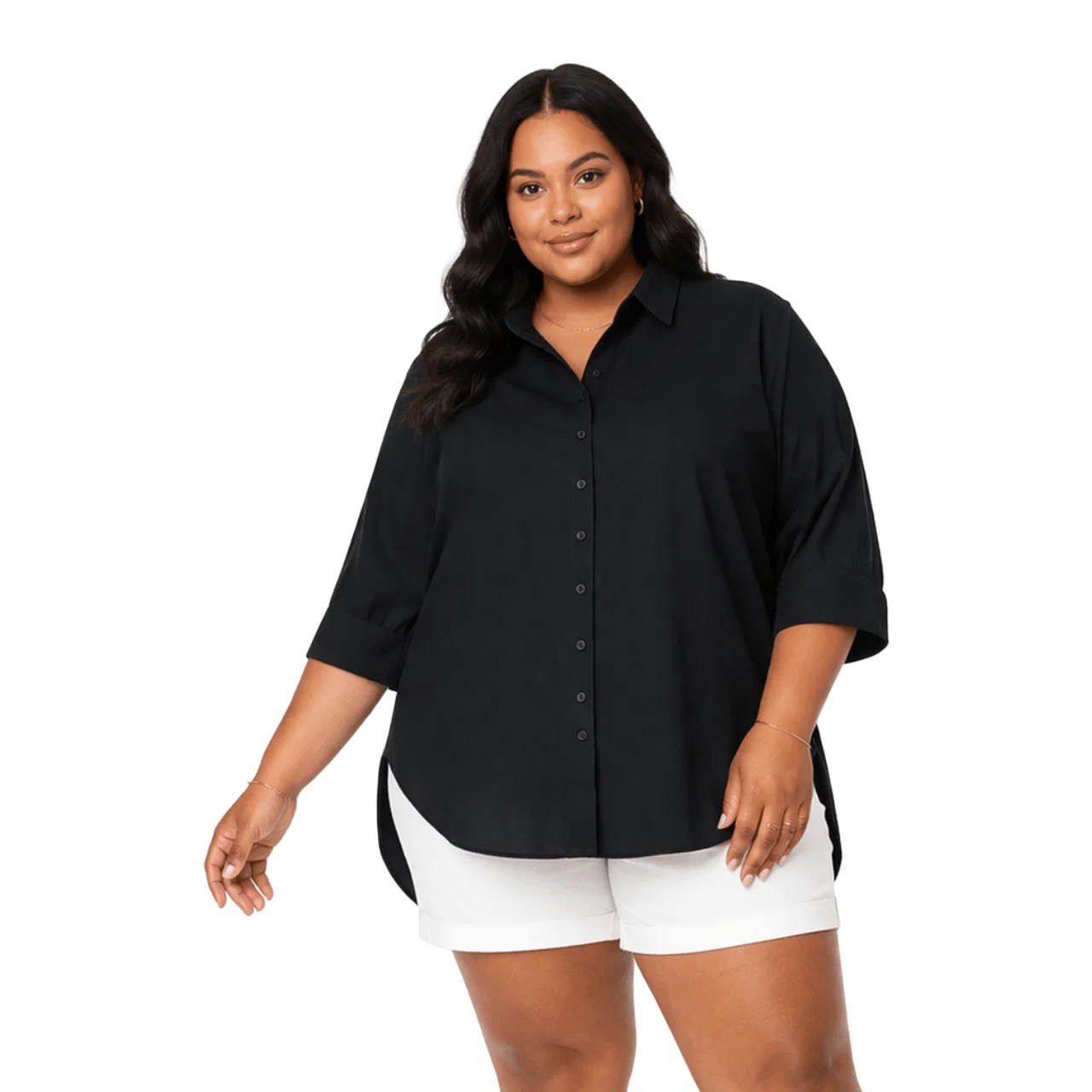 Safe Plus Size Long Sleeve Button-Up Shirt Flexible