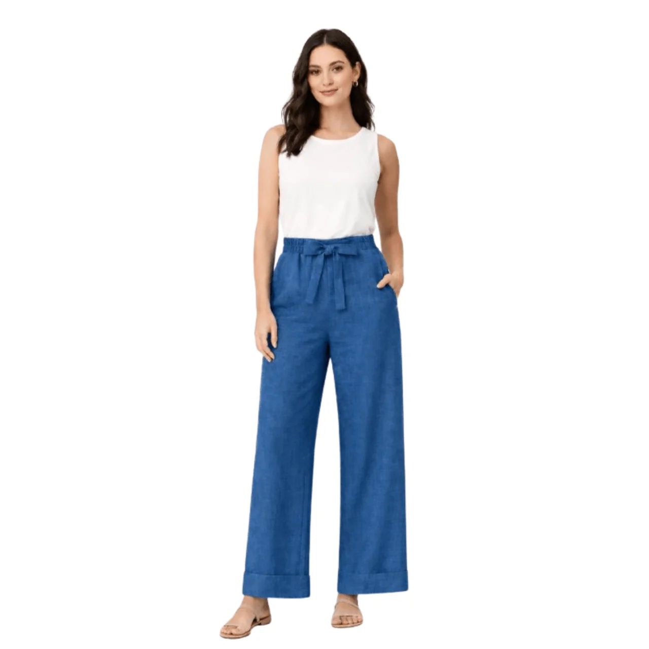 Practical Linen-Blend Tie-Waist Wide-Leg Pants Fast