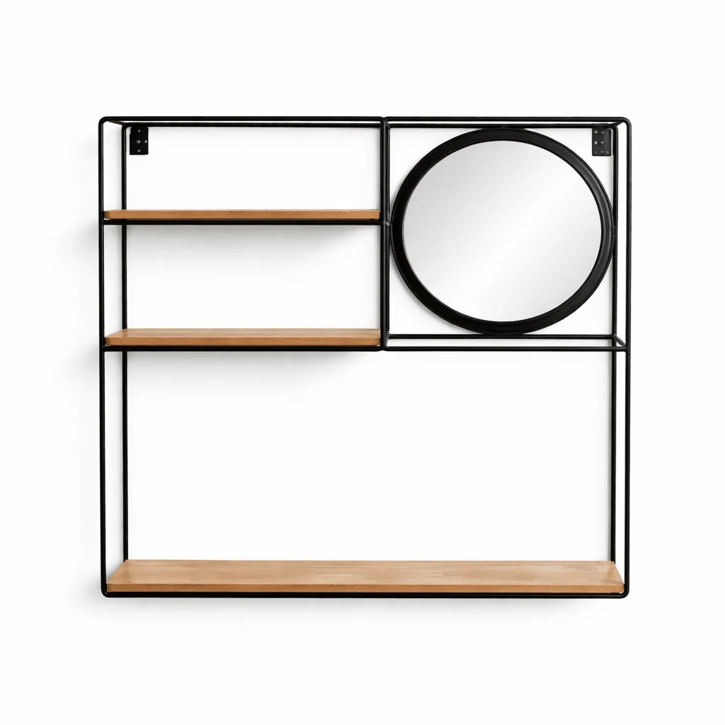 Lightweight Metal Wall Shelf with Mirror – Modern Decorative Storage Unit Natural