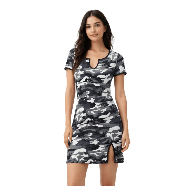 Functional Camo Print Fitted Dress with Keyhole Neckline Environmentally Friendly