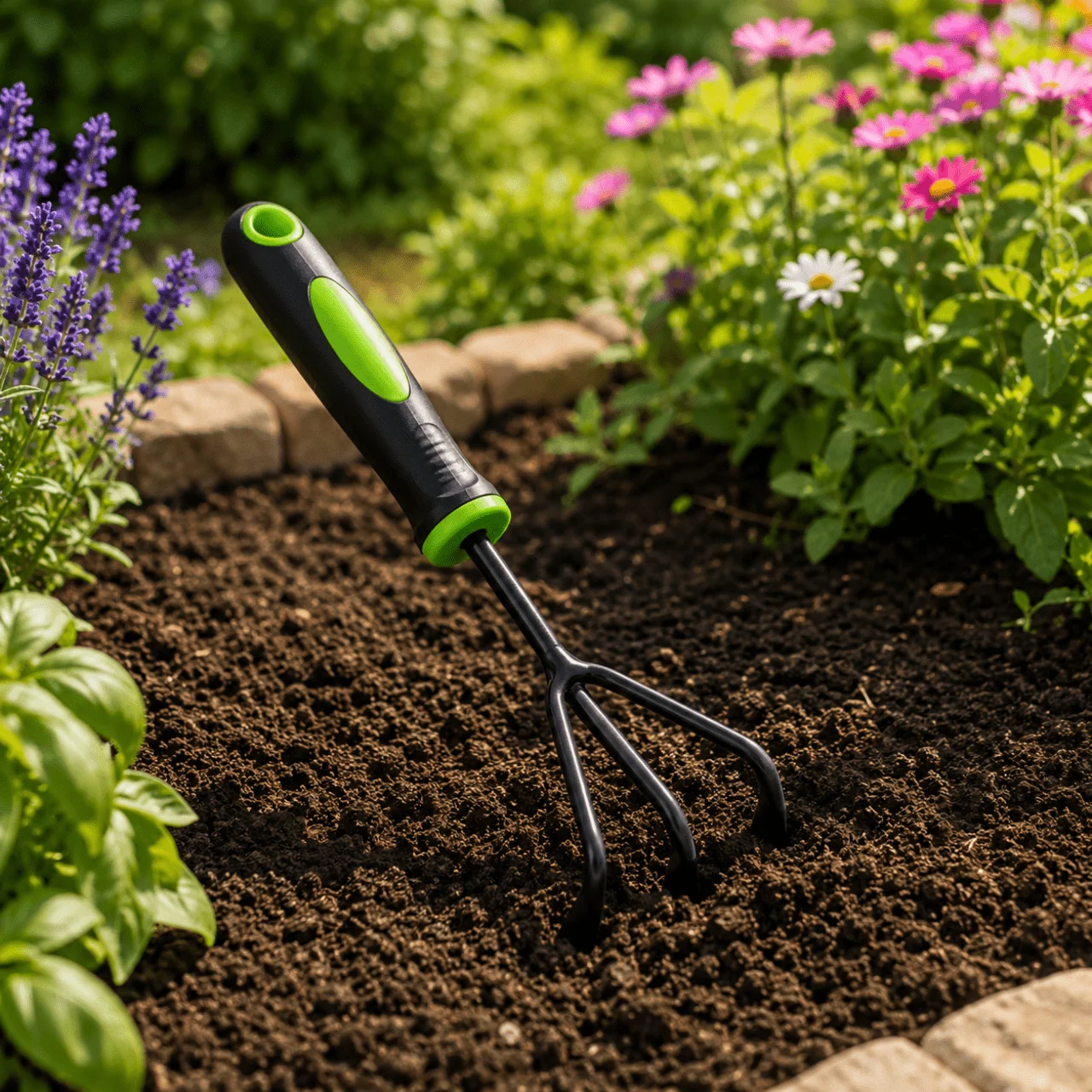 Stylish Three-Tine Hand Cultivator – Two-Tone Garden Rake with Short Handle Green