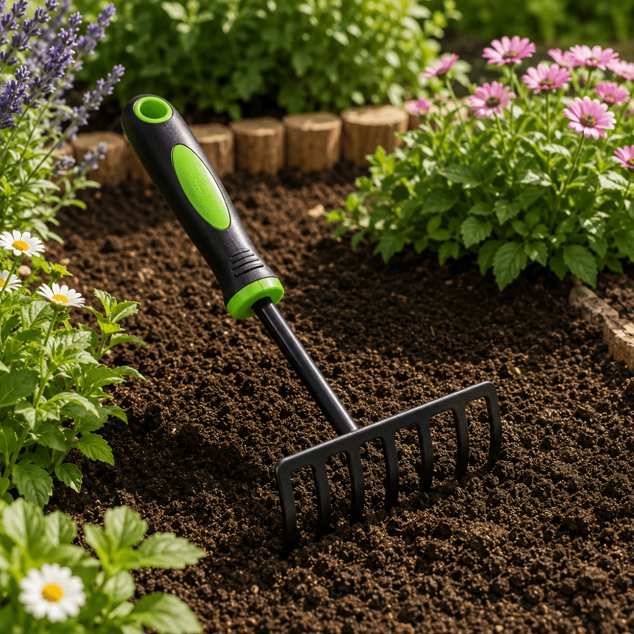 Superior Five-Tine Hand Garden Rake – Two-Tone Short Handle Cultivator Casual