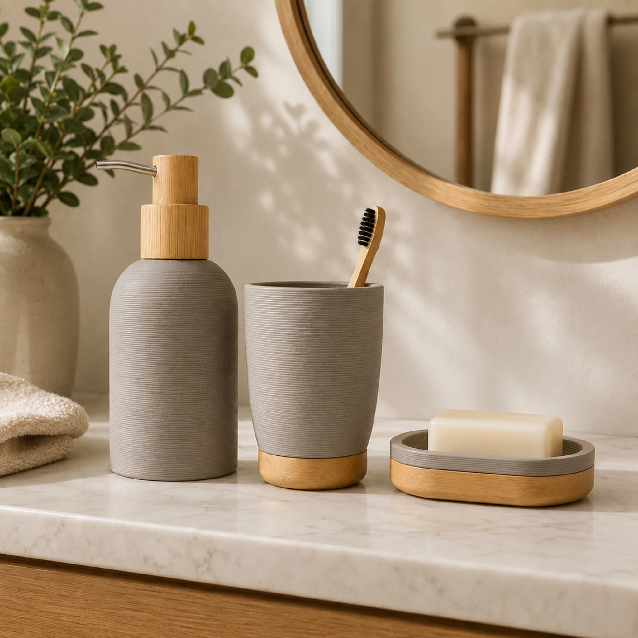 Premium 3-Piece Grey Limestone Polyresin Bathroom Accessory Set with Bamboo Accents Easy-to-Use