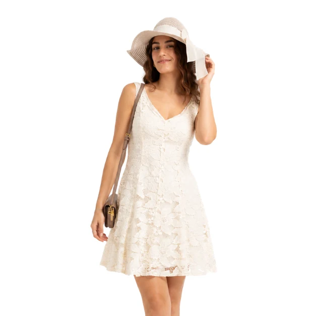 Smart Ladies Sleeveless Lace V-Neck Dress Natural