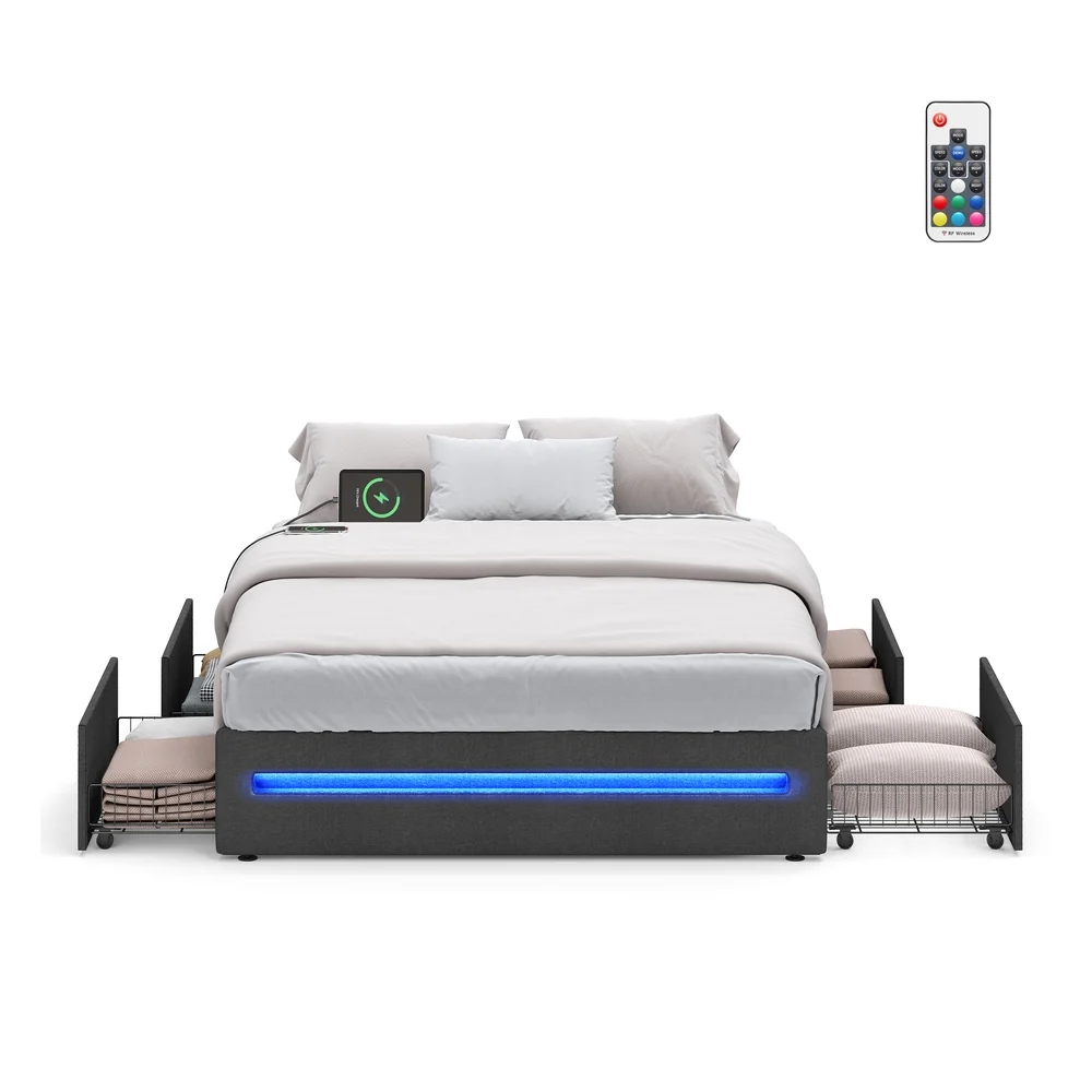 Functional VASAGLE Bed Frame with 4 Drawers and Charging Station Solid