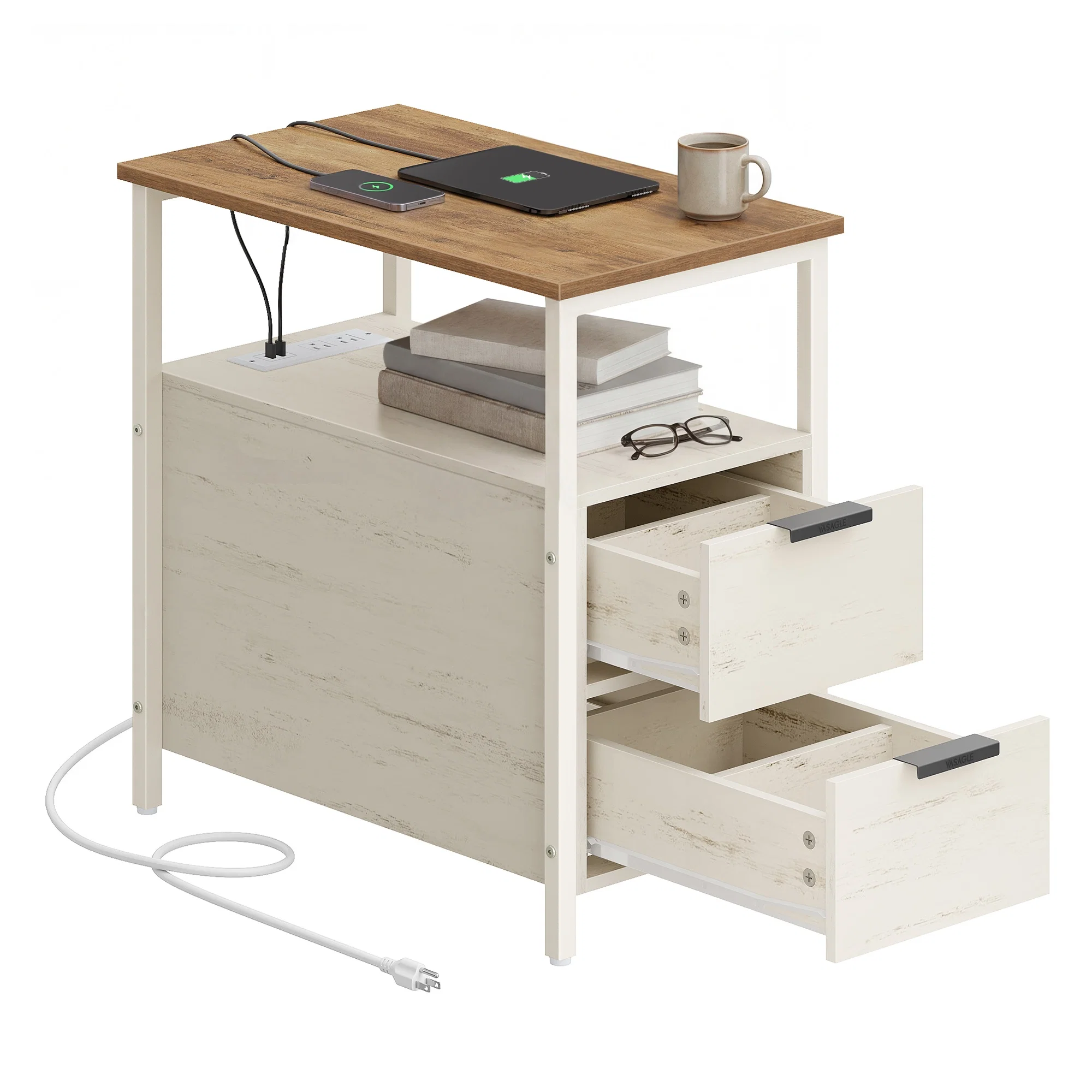 Comfortable VASAGLE Side Table with Charging Station Solid