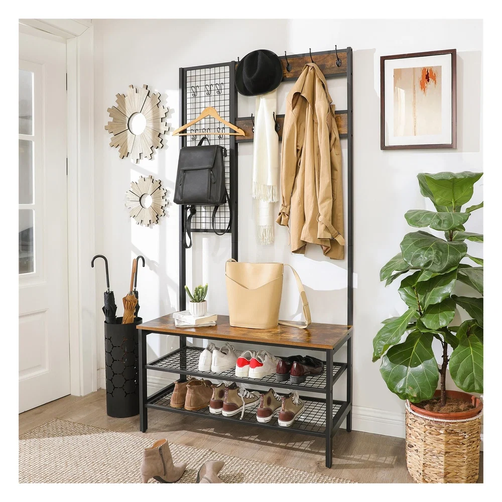 Sustainable VASAGLE Industrial Coat Rack Shoe Bench with Grid Wall Flexible