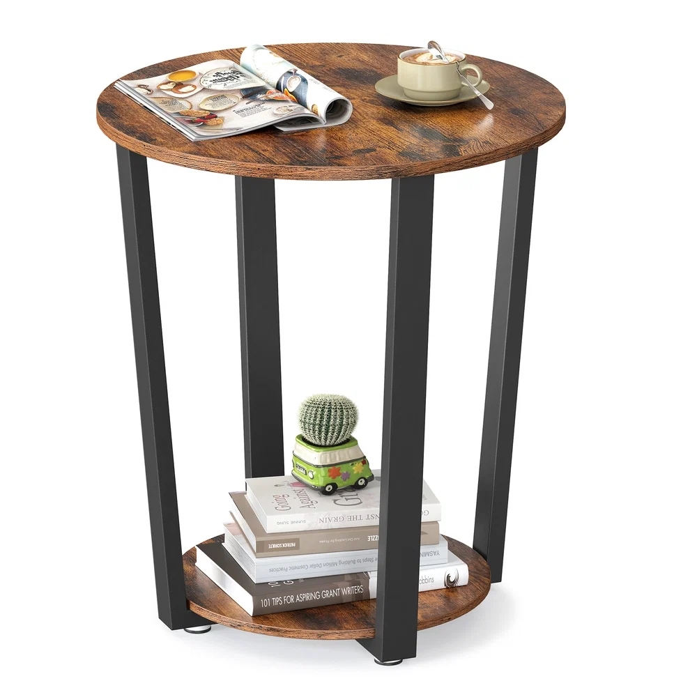 Solid VASAGLE Industrial Round Side Table Rustic Brown u0026 Black Smart