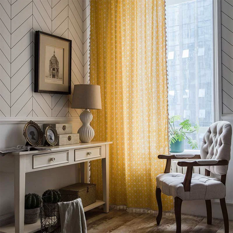Modern Ownkoti Yellow Plaid Translucent Curtains with Tassels Secure