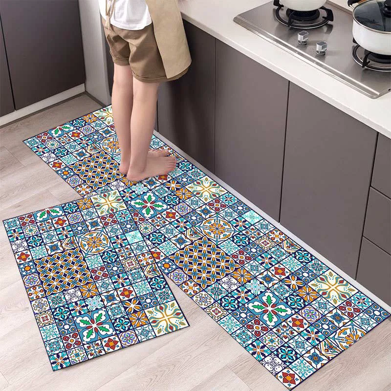 Superior Ownkoti Blue Patchwork Kitchen Rugs Anti-Slip Secure