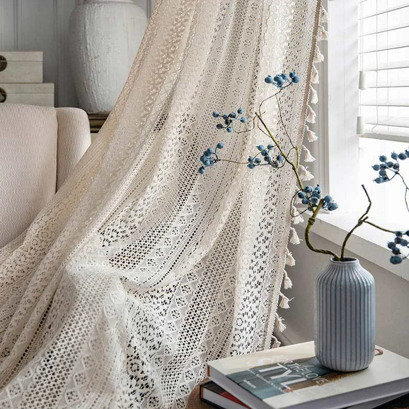 Premium Material Ownkoti Cotton Beige Curtain Hollow-Out Tassel Drapes Healthy
