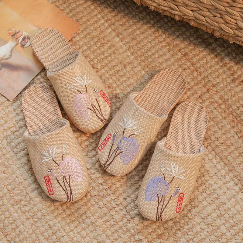 Top-Quality Ownkoti Retro Embroidered Lotus Flax Slippers Effective