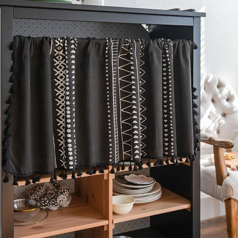 Safe Ownkoti Black White Pattern Tassel Tier Curtain Pure