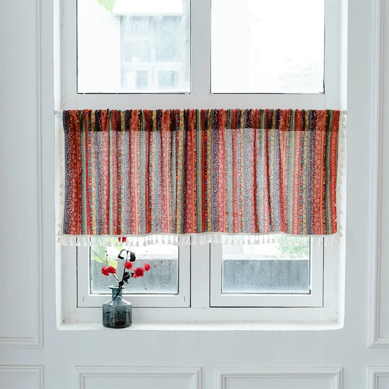 High-Quality Ownkoti Colorful Plaid Pattern Tassel Tier Curtain Stylish