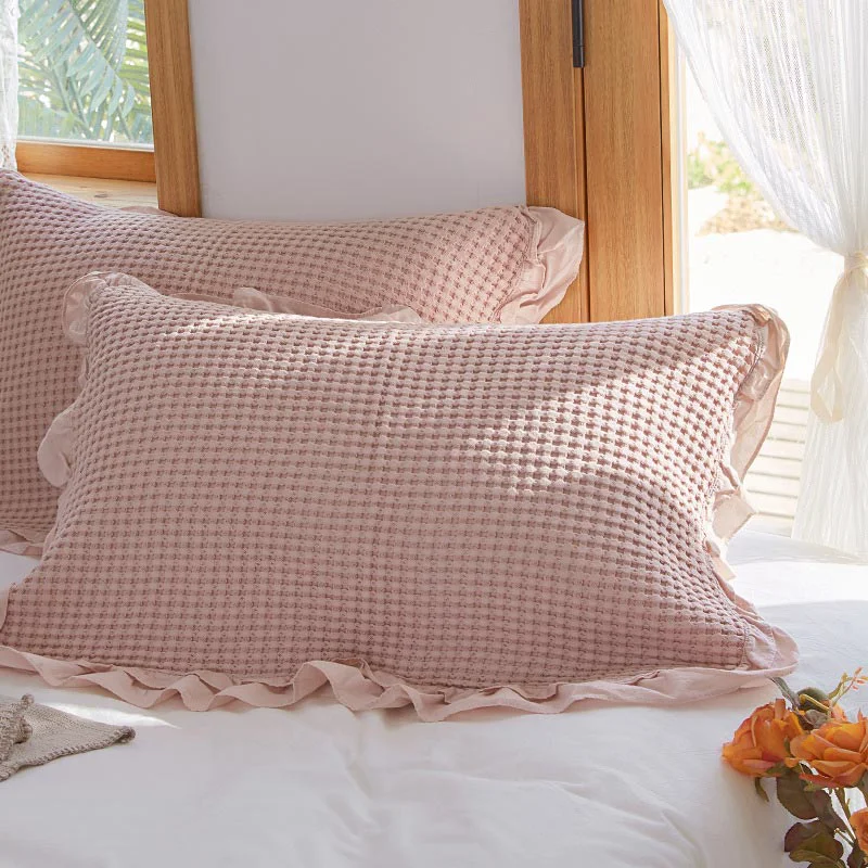 Fine Ownkoti Waffle Weave Cotton Pillowcases with Ruffle 2PCS Fashionable