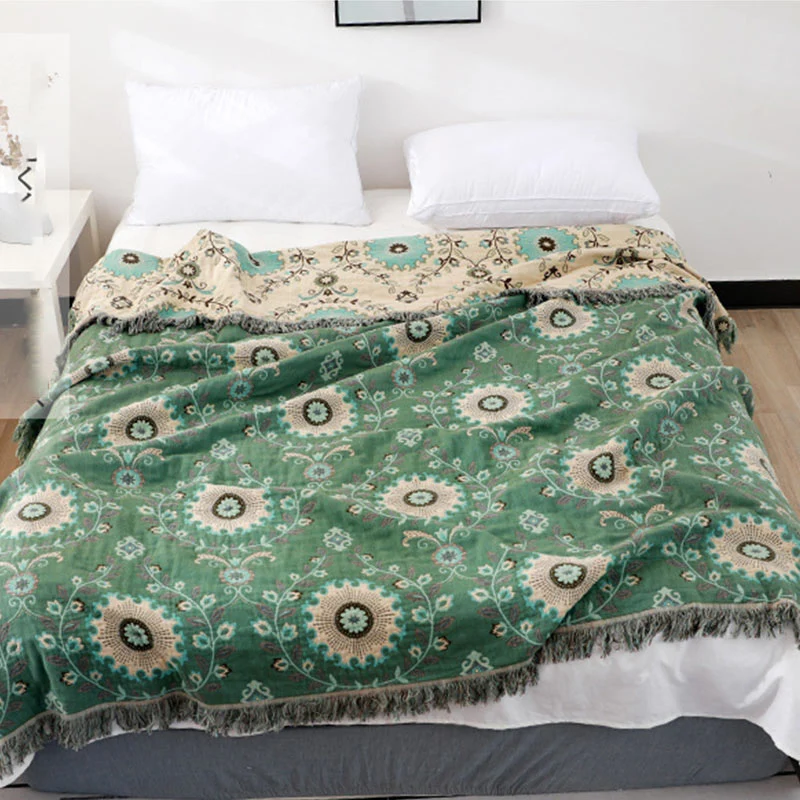 High-Grade Ownkoti Retro Cotton Gauze Reversible Tassel Quilt Convenient