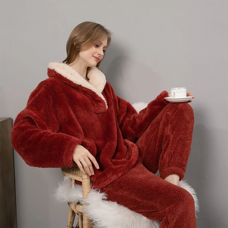 Official Ownkoti Simple V-Neck Warm Winter Loungewear Set Long-Lasting