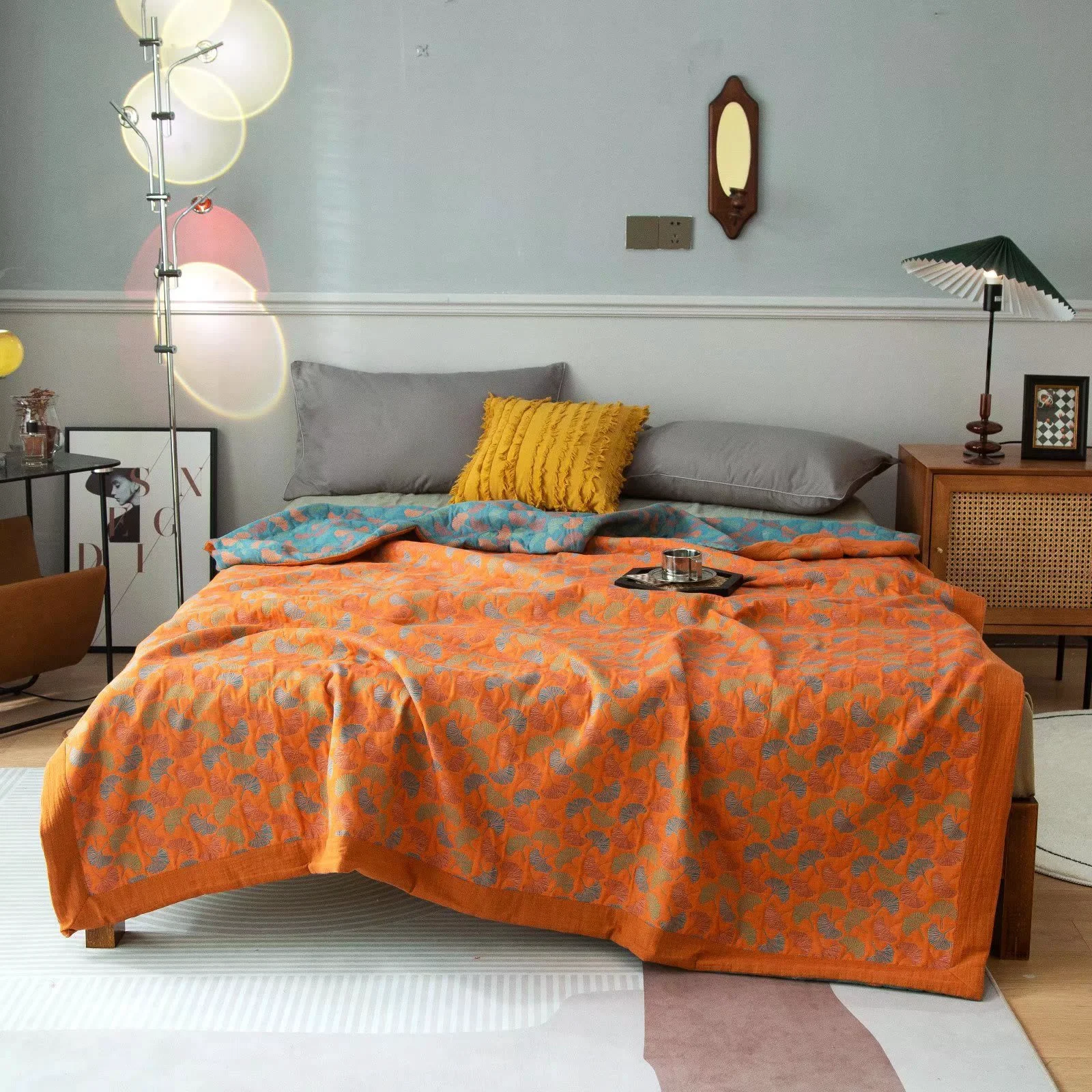 High-End Ownkoti Ginkgo Leaf Print Cotton Reversible Quilt Official