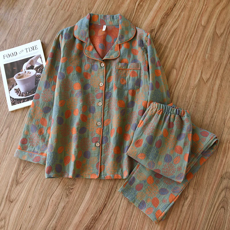 Practical Ownkoti Leaf Green Cotton Gauze Loungewear Set High-Grade