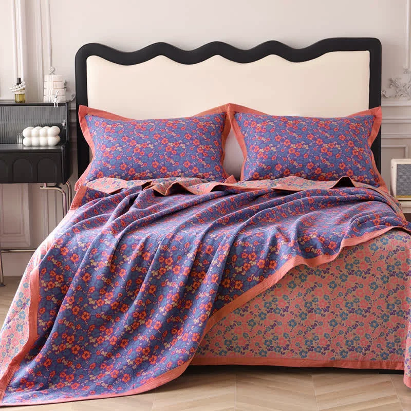 Green Ownkoti Floral Jacquard Cotton Gauze Reversible Quilt Functional
