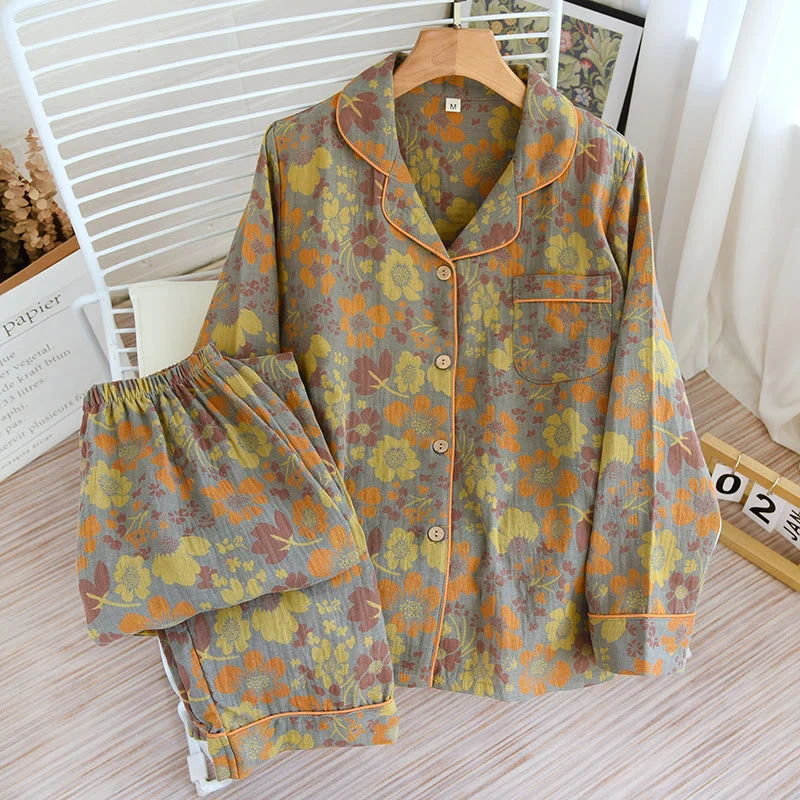 Trendy Ownkoti Yellow Daisy Lapel Cotton Loungewear Set Authentic