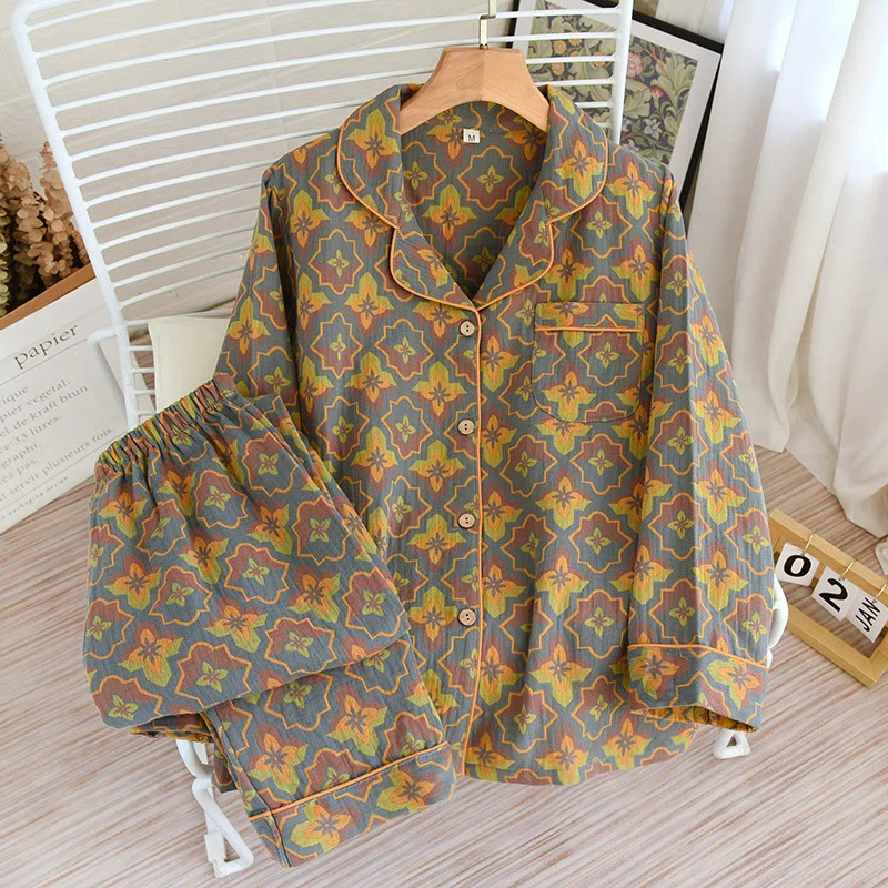 Detailed Ownkoti Rhombus Flower Lapel Cotton Loungewear Set Minimalist