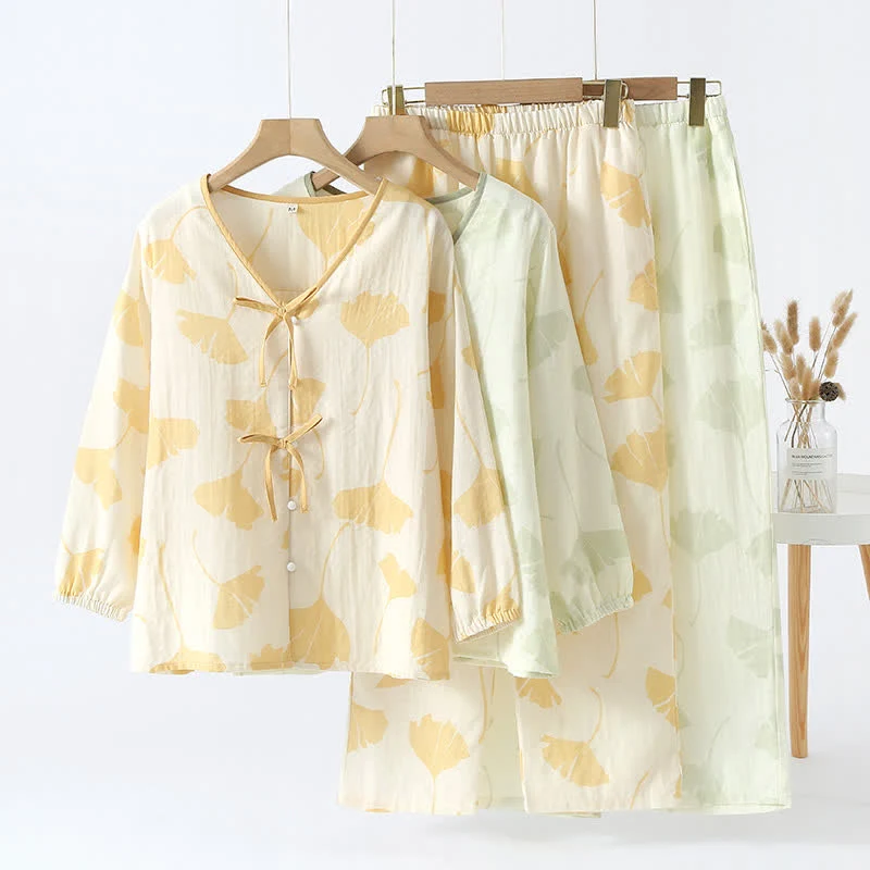 Verified Ownkoti Ginkgo Leaf Bowknot Cotton Loungewear Set Luxury