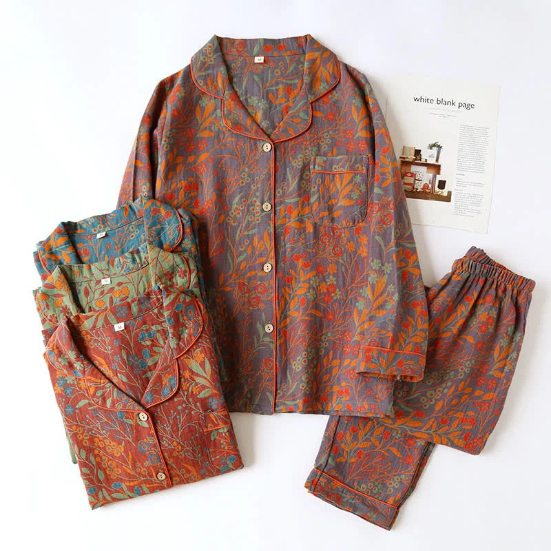 Detailed Ownkoti Vintage Leaf Cotton Lapel Loungewear Set Traditional