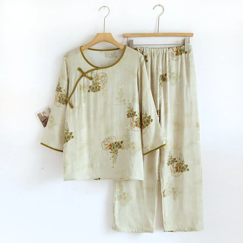 Secure Ownkoti Retro Floral Bamboo Fiber Pajama Set Authentic