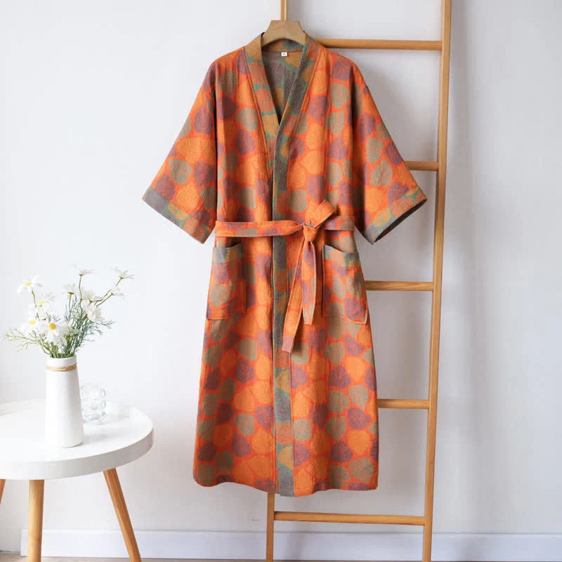 Selected Ownkoti V-neck Vivid Leaf Cotton Gauze Summer Bathrobe Soft