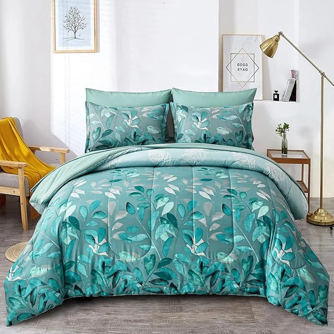 Specialty Anibedding Aqua Comforter Set Queen Size 7 Pieces Botanical Leaves Reversible Soft Microfiber Bed in a Bag with Sheets Set All Season 90 quot x90 quot Easy-to-Use
