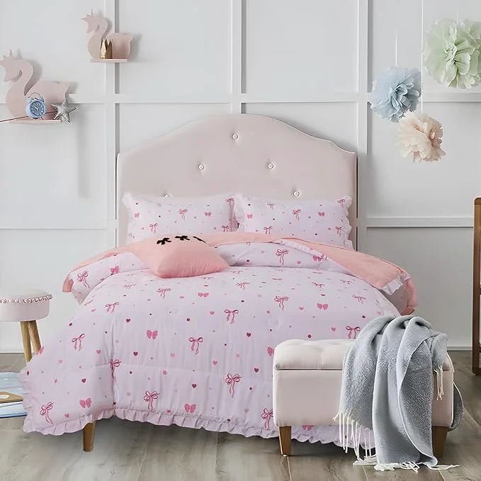 Fashionable A Nice Night Polka Dot Bow Comforter Set 6 Piece Bed in a Bag Chic Bowknot Bedding Sets Princess Style White Room Decor for Girls Full Lightweight