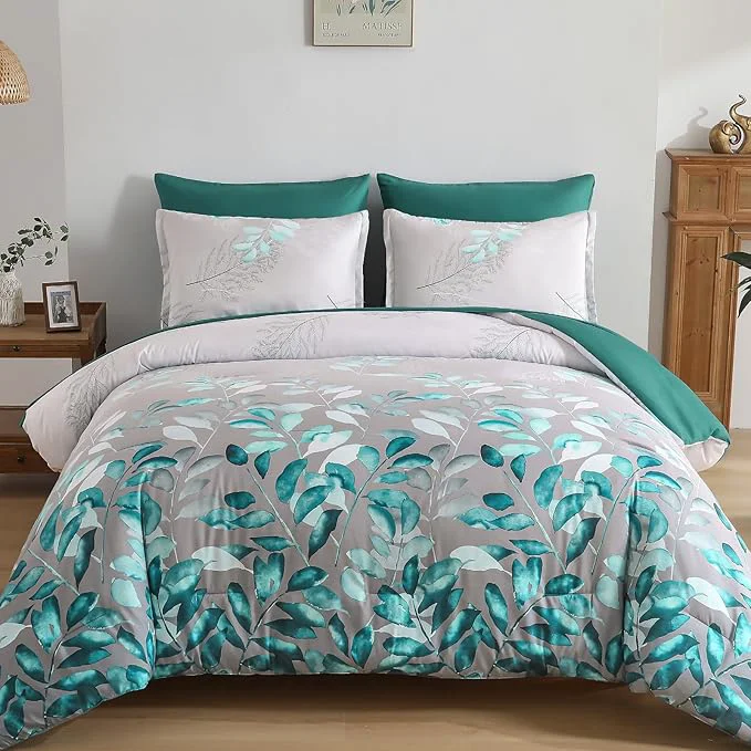 Premium Anibedding Teal Green Floral Comforter Set Queen 7 Piece Green Botanical Gradient Leaves Ultra Soft Microfiber Down Bedding Set with Sheets and Bedroom for All Season Versatile