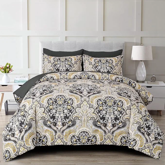 Authentic Drucon Boho Paisley Comforter Set Queen Size 7 Pieces Bed in a Bag Black Gold Comforter Set Soft Lightweight Bedding Set 1 Comforter 1 Flat Sheet 1 Fitted Sheet 2 Pillow Shams 2 Pillowcases Original Design