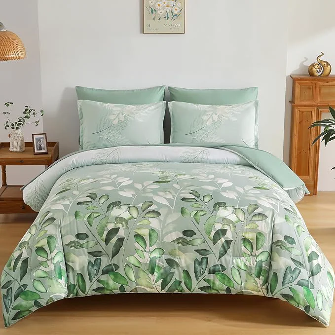 Artisan Anibedding Sage Green King Size Comforter Set 7 Piece Botanical Gradient Leaves Ultra Soft Microfiber Down Bedding Set with Sheets Pillowcase for All Season Genuine