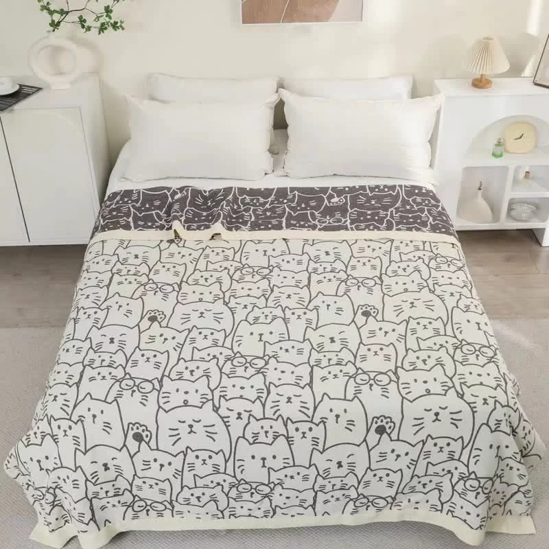 Refined Ownkoti Cute Cat Four Layers Cotton Gauze Quilt Versatile