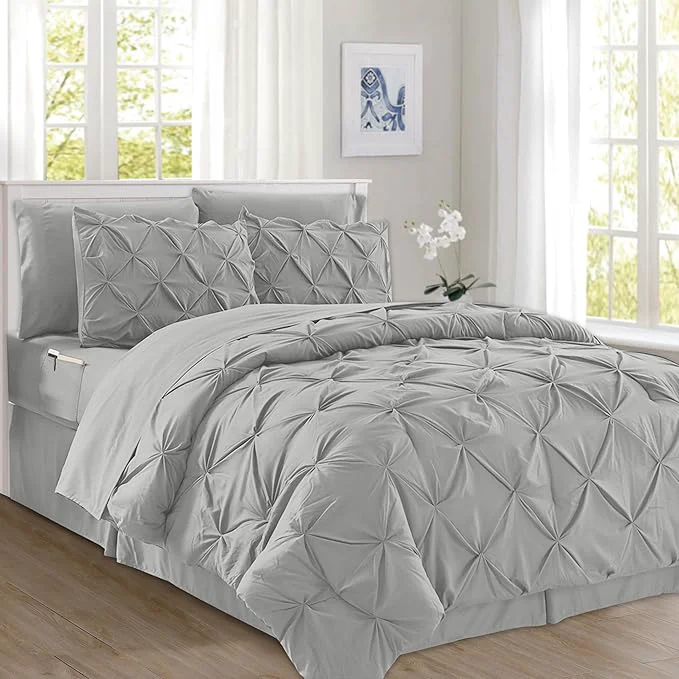 Practical Elegant Comfort 8-Piece Pinch Pleated Comforter Set – All Season Complete Bed in a Bag Includes 4pc Smart Sheet Set Bed Skirt Comforter Matching Pillowcases and Shams Twin Twin XL Light Gray Green