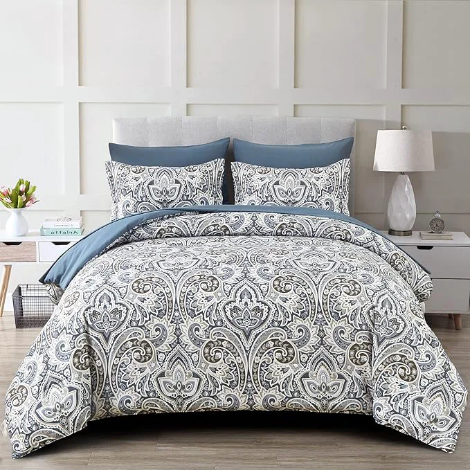 Recyclable Drucon Blue Paisley Comforter Set Queen 7 Pieces Bed in a Bag Comforter Boho Paisley Pattern Bedding Set Soft Microfiber 1 Comforter 1 Flat Sheet 1 Fitted Sheet 2 Pillowcases 2 Pillow Shams Clean