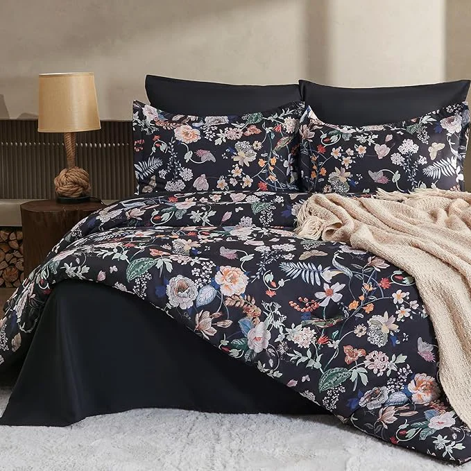 Modern 7 Piece Queen Comforter Set Black Butterfly Floral Comforter Set with Flowers Leaves Pattern Soft Microfiber Complete Bedding Set for All Season Black Queen Trendy