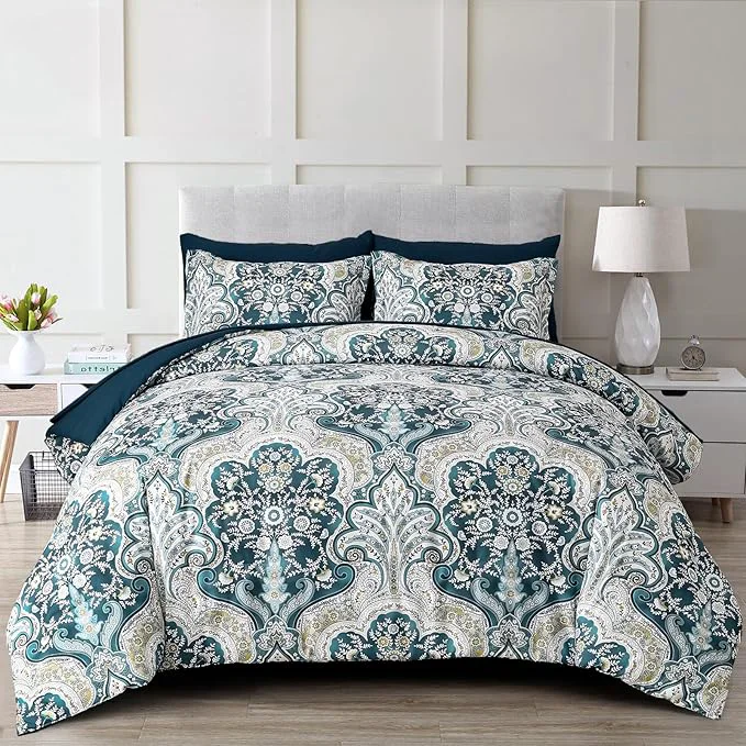 Excellent Drucon Boho Comforter Set Queen Size 7 Pieces Bed in a Bag Paisley Comforter Soft Lightweight Microfiber Bedding Set 1 Comforter 1 Flat Sheet 1 Fitted Sheet 2 Pillow Shams 2 Pillowcases Breathable