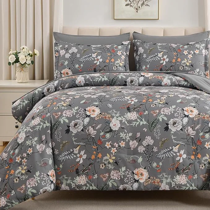 Fine Crafted 7 Piece Queen Comforter Set Dark Grey Butterfly Floral Comforter Set with Flowers Leaves Pattern Soft Microfiber Complete Bedding Set for All Season Dark Grey Queen Enhanced