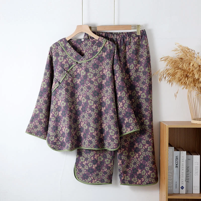 Green Ownkoti Cotton Gauze Floral Frog Closure Loungewear Set Trendy