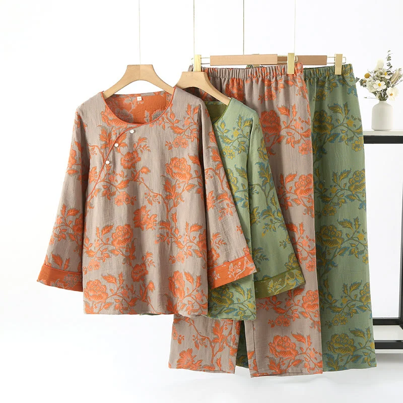 Official Ownkoti Cotton Gauze Floral Round-neck Nightwear Set Enhanced