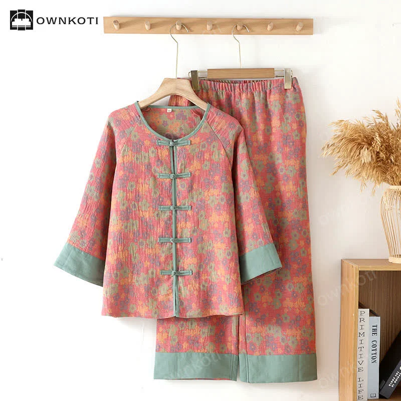 Green Ownkoti Frog Button Floral Cotton Gauze Nightwear Set Authentic