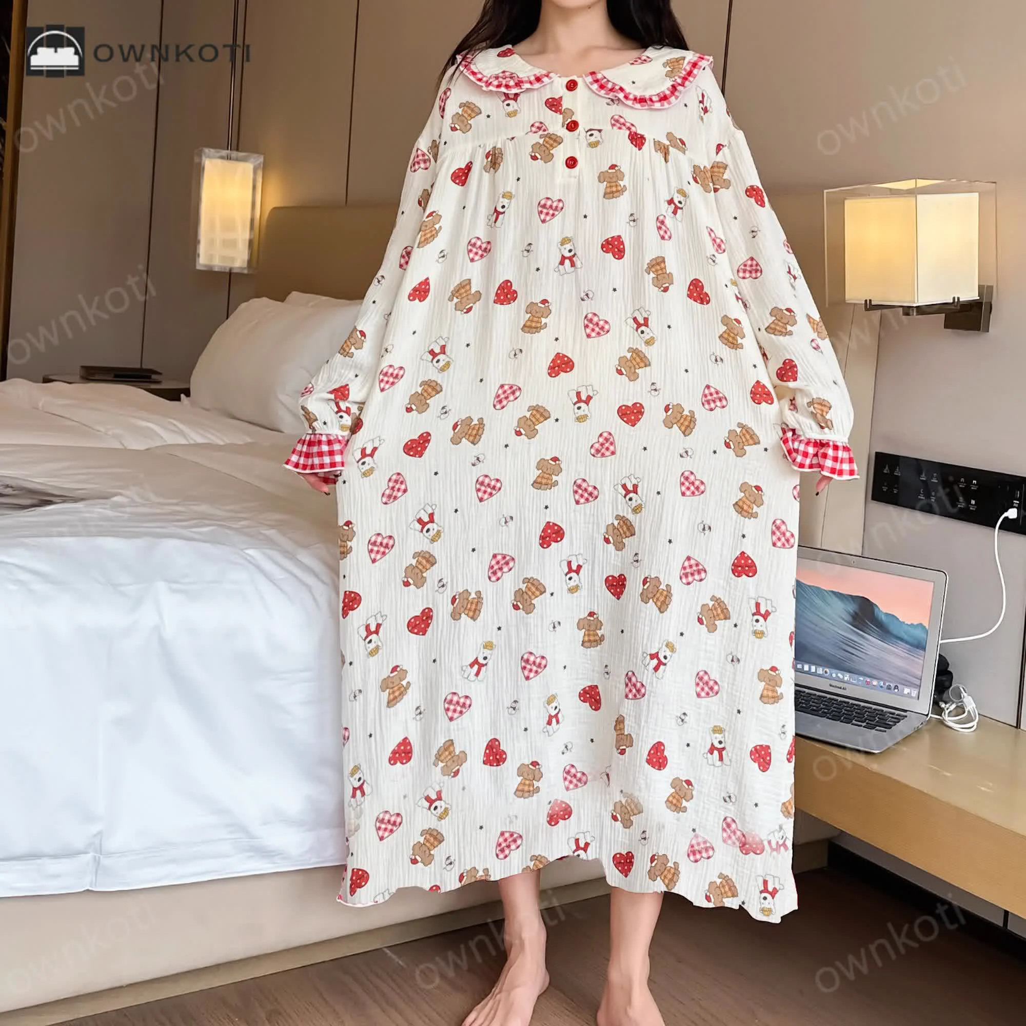 Fine Crafted Ownkoti Plus Size Cotton Doll Collar Long Nightgown Premium Material