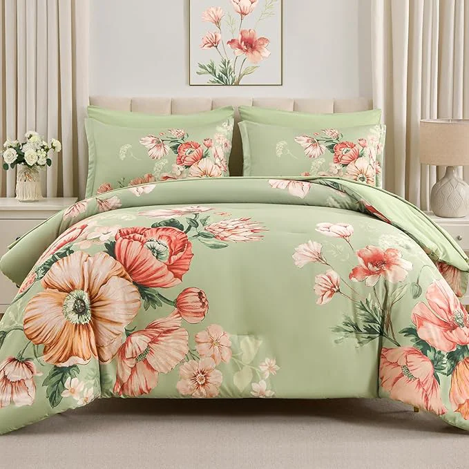 Powerful Queen Comforter Set – 7 Pieces Bed in a Bag Green Floral Queen Comforter Set with Sheets Soft Microfiber Flower Complete Bedding Set for All Seasons（Green 90 quot x90 quot ） Refined